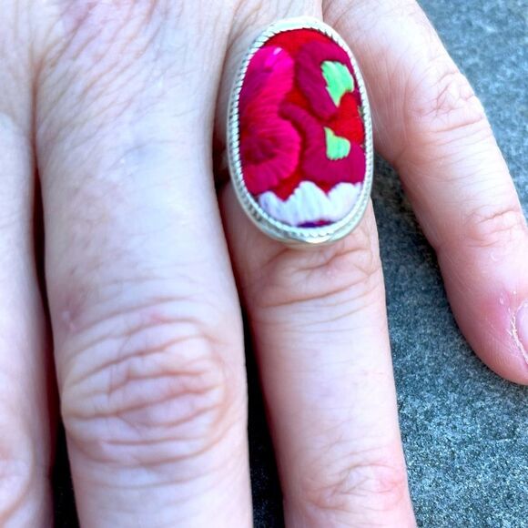 COPY - Hand crafted BOHO Hand Embroidered Adjustable Silver Ring Tribal Festival - Picture 2 of 7